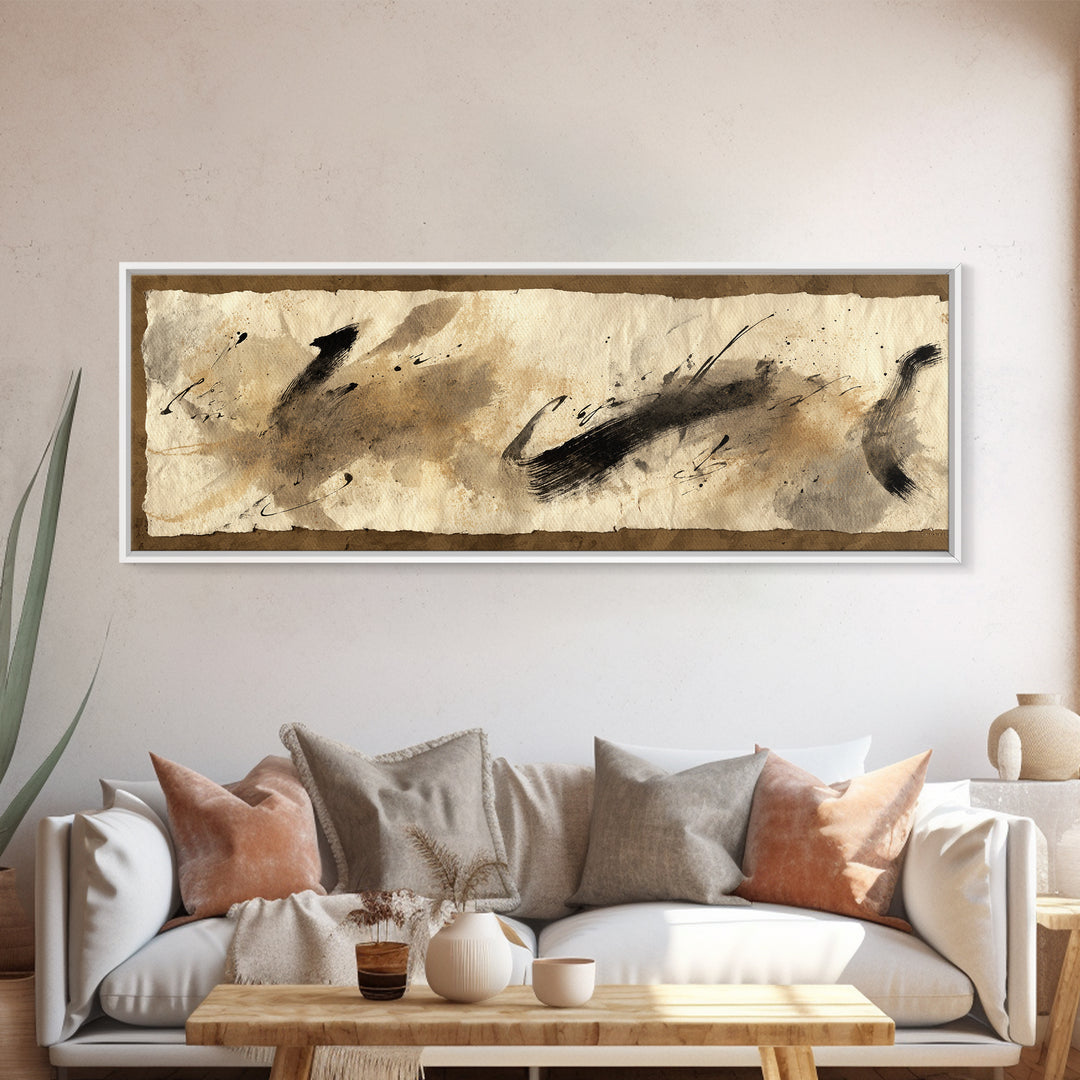 Abstract Prayer Flag of Brush Marks Framed Canvas Print, Calligraphy Art, Room Decor, Living Room Decor, Fine Art, Script, CAL-3x1-63