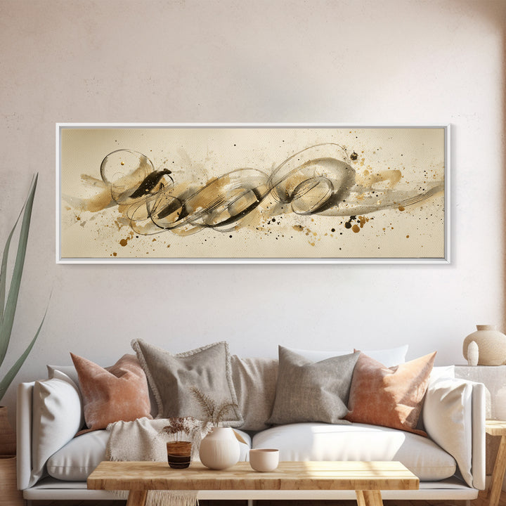 Abstract Gold Calligraphic Strokes on Ivory Paper Canvas Print, Calligraphy Art, Unique Wall Art, Living Room Decor, Script, CAL-3x1-66