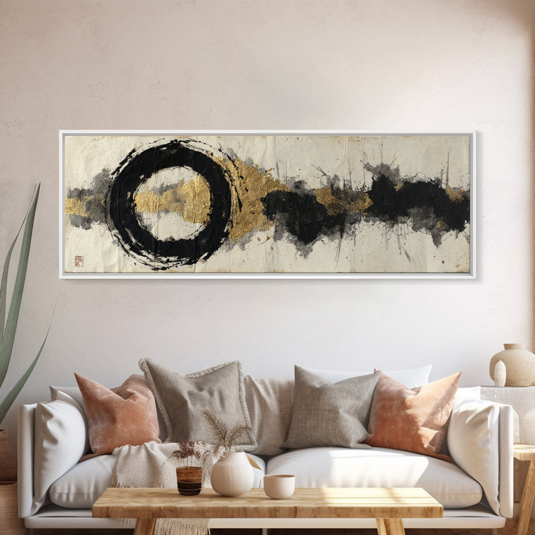 Japanese Brush Mark Circle Framed Canvas Print, Calligraphy Art, Contemporary Art, Living Room Decor, Fine Art, Script, CAL-3x1-68