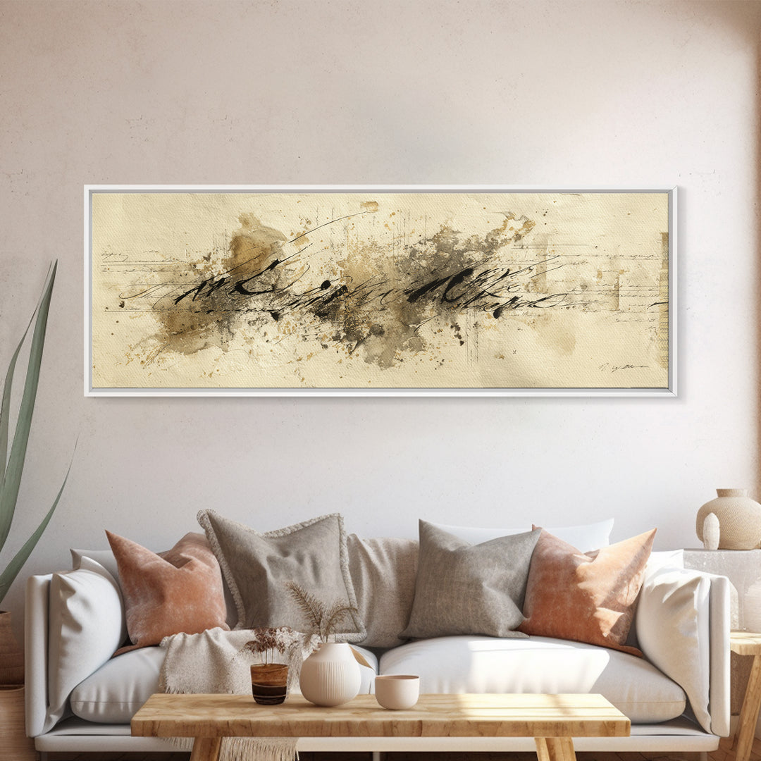 Romantic Handwritten Marks Without Readable Words Canvas Print, Calligraphy Art, Neutral Decor, Living Room Decor, Script, CAL-3x1-7