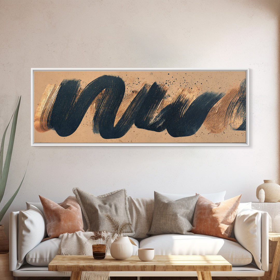 Layered Copper Ink Strokes on Dark Navy Canvas Print, Calligraphy Art, Art Print, Living Room Decor, Fine Art, Script, CAL-3x1-70