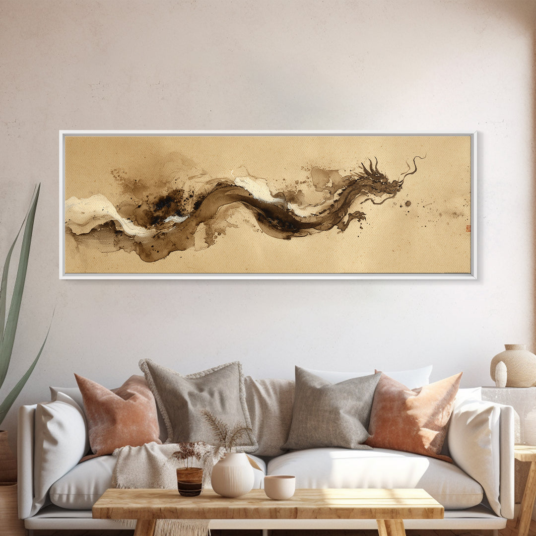 Ink Wash Dragon Curve Framed Canvas Print, Calligraphy Art, Digital Download Art, Living Room Decor, Fine Art, Script, CAL-3x1-73