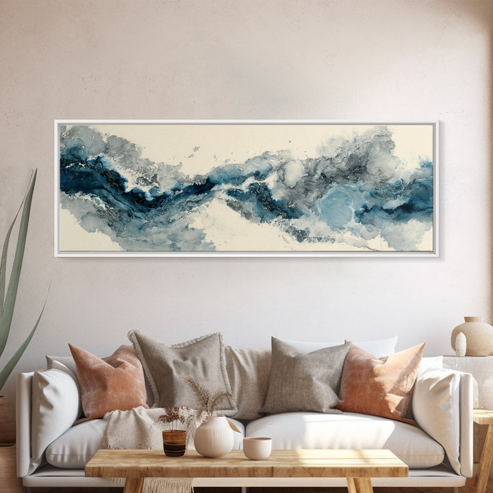 Modern Calligraphy Wave Framed Canvas Print, Calligraphy Art, Japanese Art, Living Room Decor, Fine Art, Script, Quote Wall Art, CAL-3x1-74