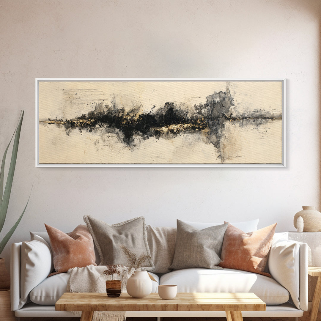 Monochrome Brush Alphabet Fragments as Abstract Texture Canvas Print, Calligraphy Art, Watercolor Art, Living Room Decor, CAL-3x1-77
