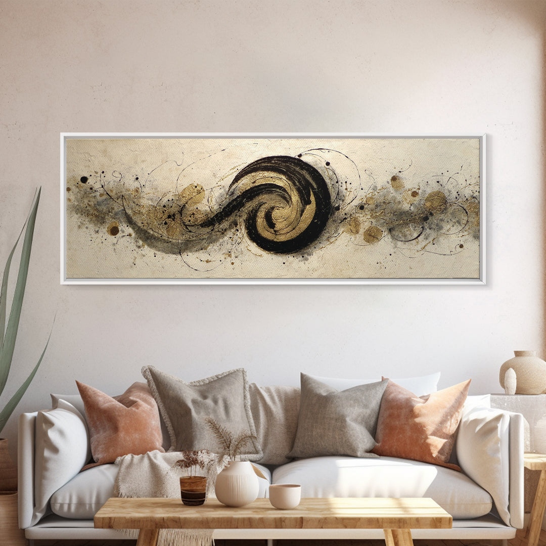 Gold Leaf Calligraphic Spiral on Plaster Surface Canvas Print, Calligraphy Art, Art, Living Room Decor, Oil Painting, Script, CAL-3x1-78
