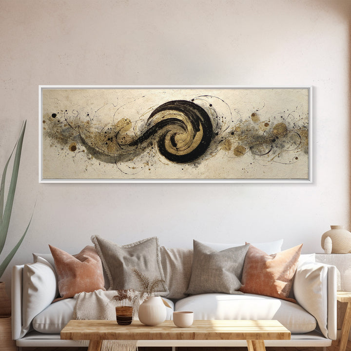 Gold Leaf Calligraphic Spiral on Plaster Surface Canvas Print, Calligraphy Art, Art, Living Room Decor, Oil Painting, Script, CAL-3x1-78