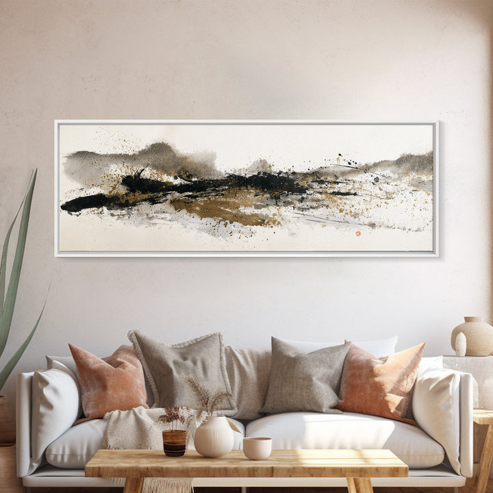 Ink Splatter and Long Brushstroke Composition Canvas Print, Calligraphy Art, Wall Art Printable, Living Room Decor, Script, CAL-3x1-8