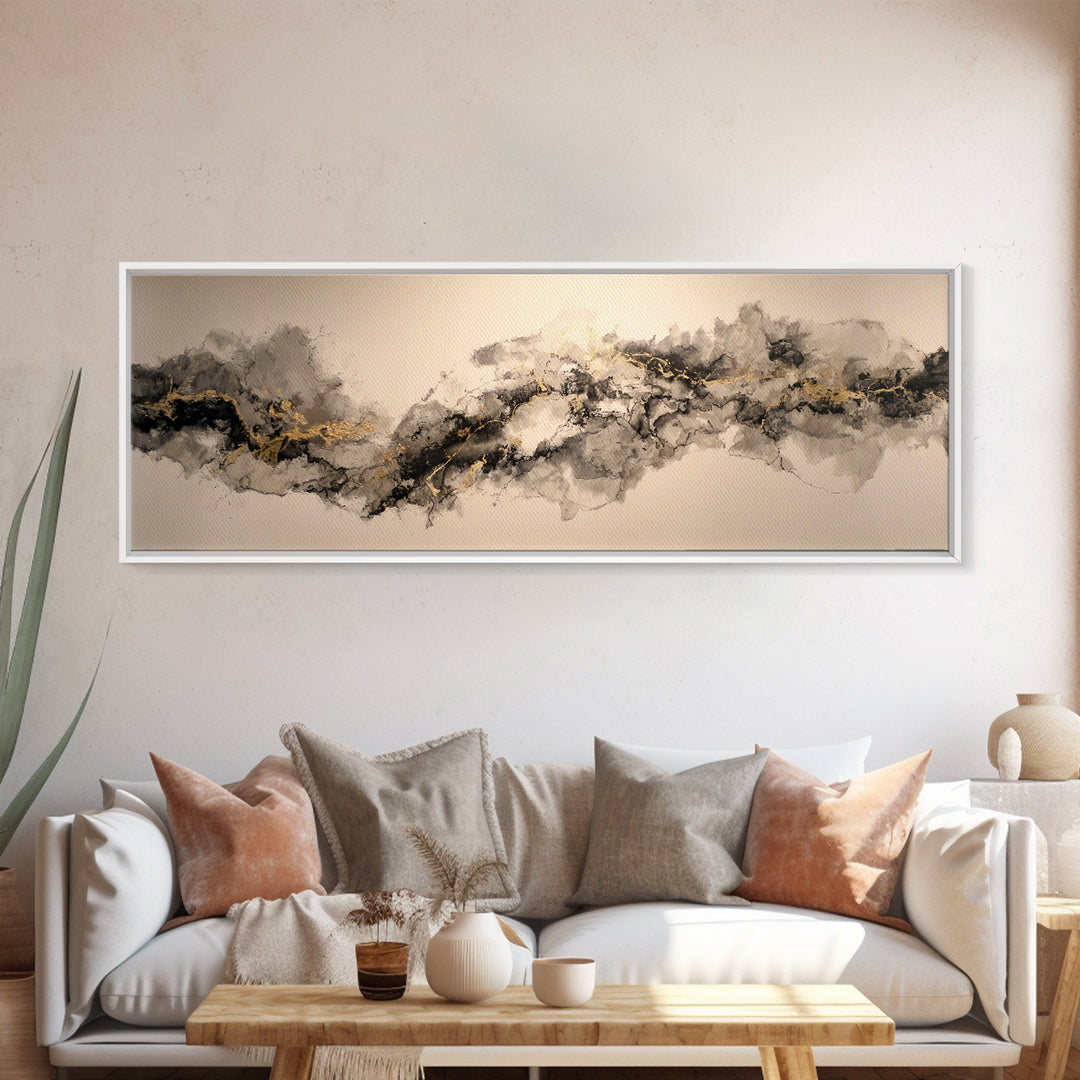 Ink Splatter and Long Brushstroke Composition Canvas Print, Calligraphy Art, Art, Living Room Decor, Fine Art, Script, CAL-3x1-80