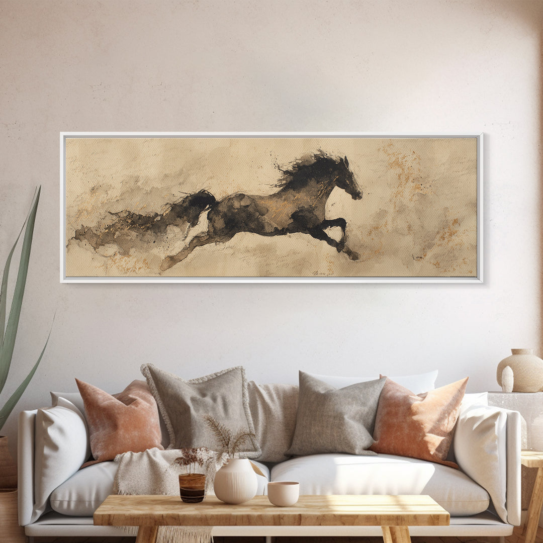 Calligraphic Horse Silhouette Made from One Line Framed Canvas Print, Calligraphy Art, Modern Art, Living Room Decor, Script, CAL-3x1-81