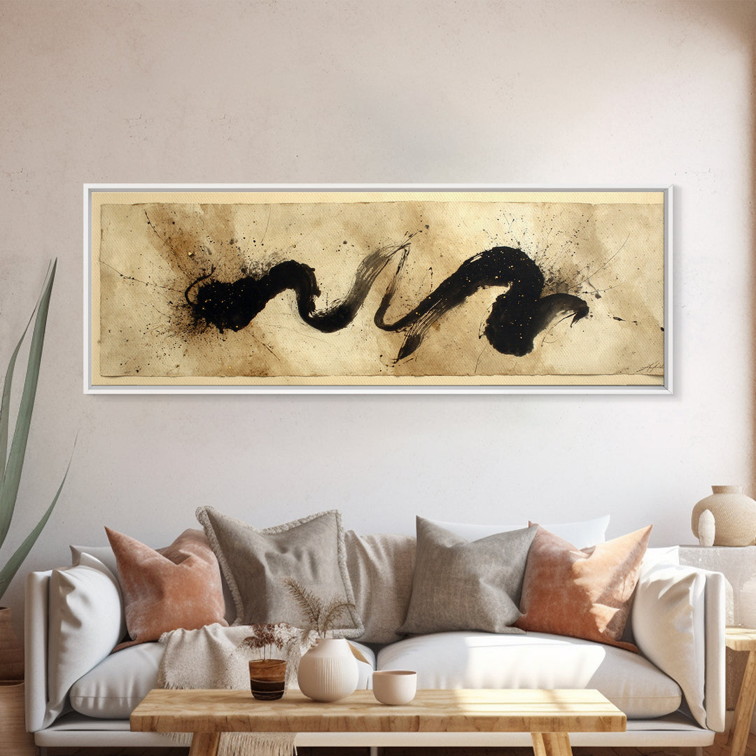 Large Sweeping Black Ink Gesture Like a Framed Canvas Print, Calligraphy Art, Quote Wall Art, Living Room Decor, Script, CAL-3x1-89
