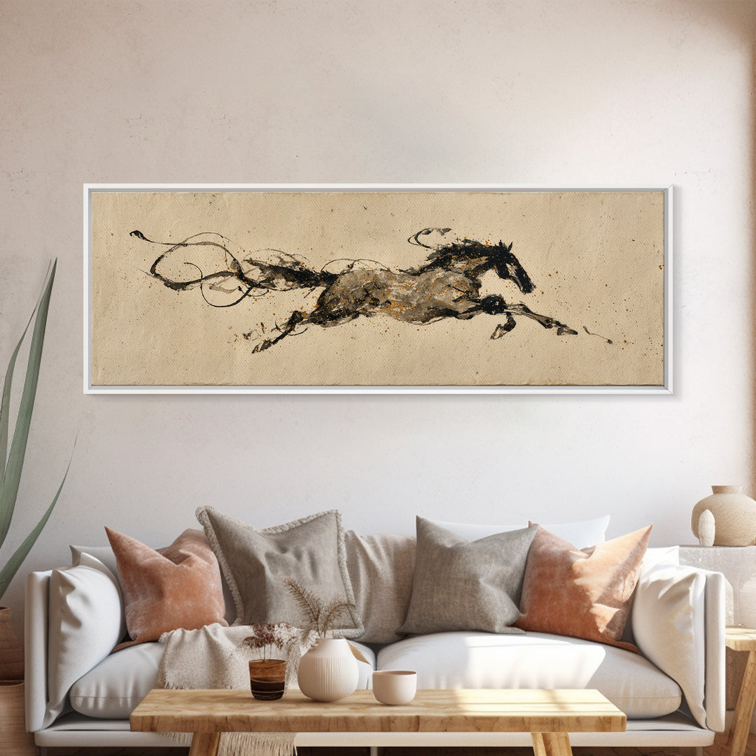 Calligraphic Horse Silhouette Made from One Line Framed Canvas Print, Calligraphy Art, Wallart, Living Room Decor, Script, CAL-3x1-9
