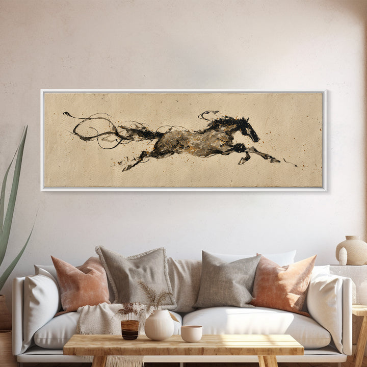 Calligraphic Horse Silhouette Made from One Line Framed Canvas Print, Calligraphy Art, Wallart, Living Room Decor, Script, CAL-3x1-9