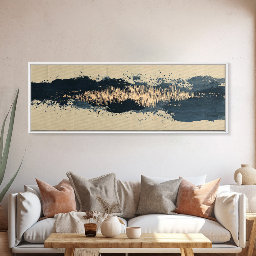 Layered Copper Ink Strokes on Dark Navy Canvas Print, Calligraphy Art, Living Room Wall Art, Living Room Decor, Script, CAL-3x1-94