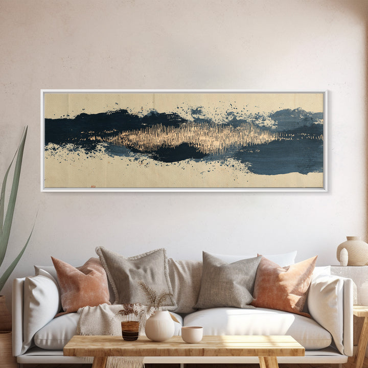Layered Copper Ink Strokes on Dark Navy Canvas Print, Calligraphy Art, Living Room Wall Art, Living Room Decor, Script, CAL-3x1-94