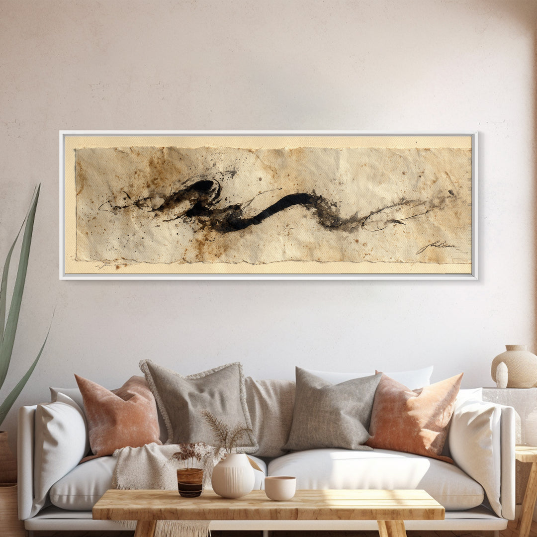 Minimal Black Calligraphy Rhythm Canvas Print, Calligraphy Art, Textured Painting, Living Room Decor, Fine Art, Script, CAL-3x1-95