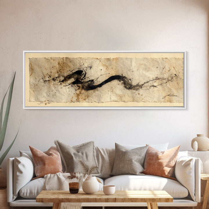 Minimal Black Calligraphy Rhythm Canvas Print, Calligraphy Art, Textured Painting, Living Room Decor, Fine Art, Script, CAL-3x1-95