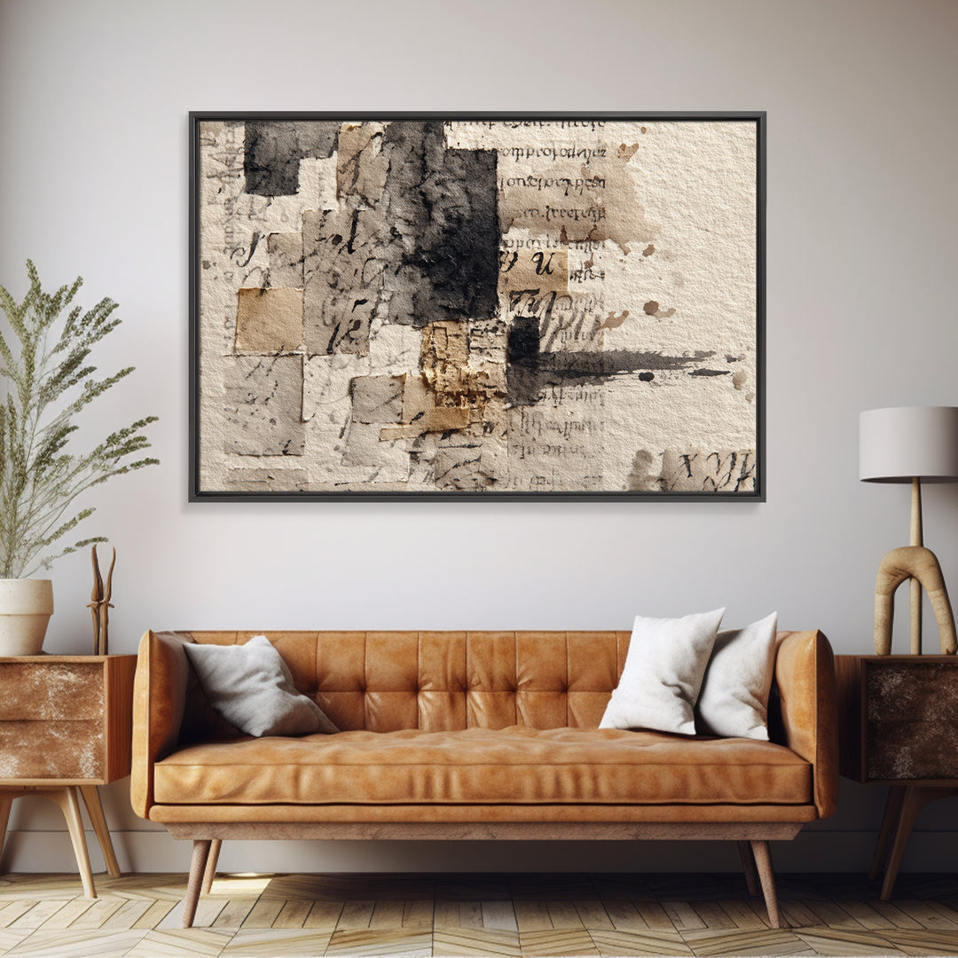 Monochrome Brush Alphabet Fragments as Abstract Texture Canvas Print, Calligraphy Art, Japanese Art, Living Room Decor, Script, CAL-3x2-17