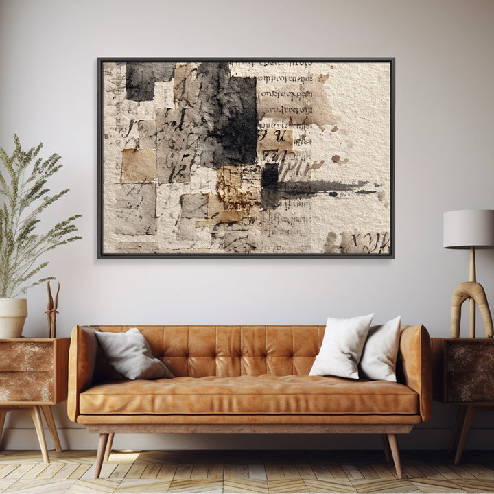 Monochrome Brush Alphabet Fragments as Abstract Texture Canvas Print, Calligraphy Art, Japanese Art, Living Room Decor, Script, CAL-3x2-17
