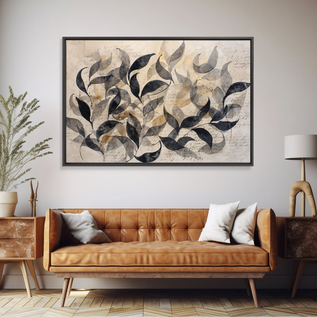 Botanical Calligraphy Pattern Framed Canvas Print, Calligraphy Art, Painting, Living Room Decor, Watercolor Art, Script, CAL-3x2-2