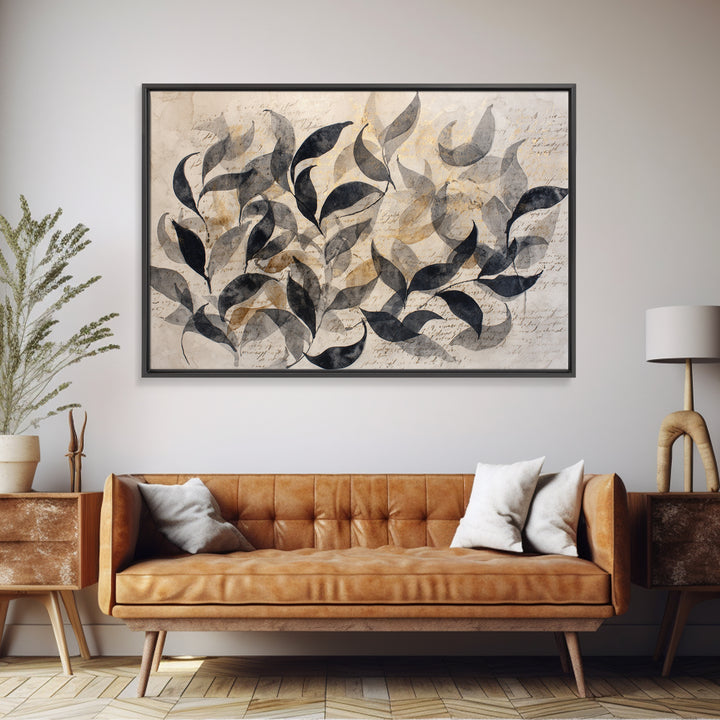 Botanical Calligraphy Pattern Framed Canvas Print, Calligraphy Art, Painting, Living Room Decor, Watercolor Art, Script, CAL-3x2-2