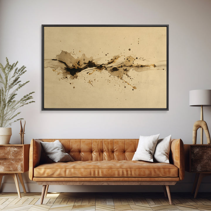 Ink Splatter and Long Brushstroke Composition Framed Canvas Print, Calligraphy Art, Unique Wall Art, Living Room Decor, Script, CAL-3x2-20