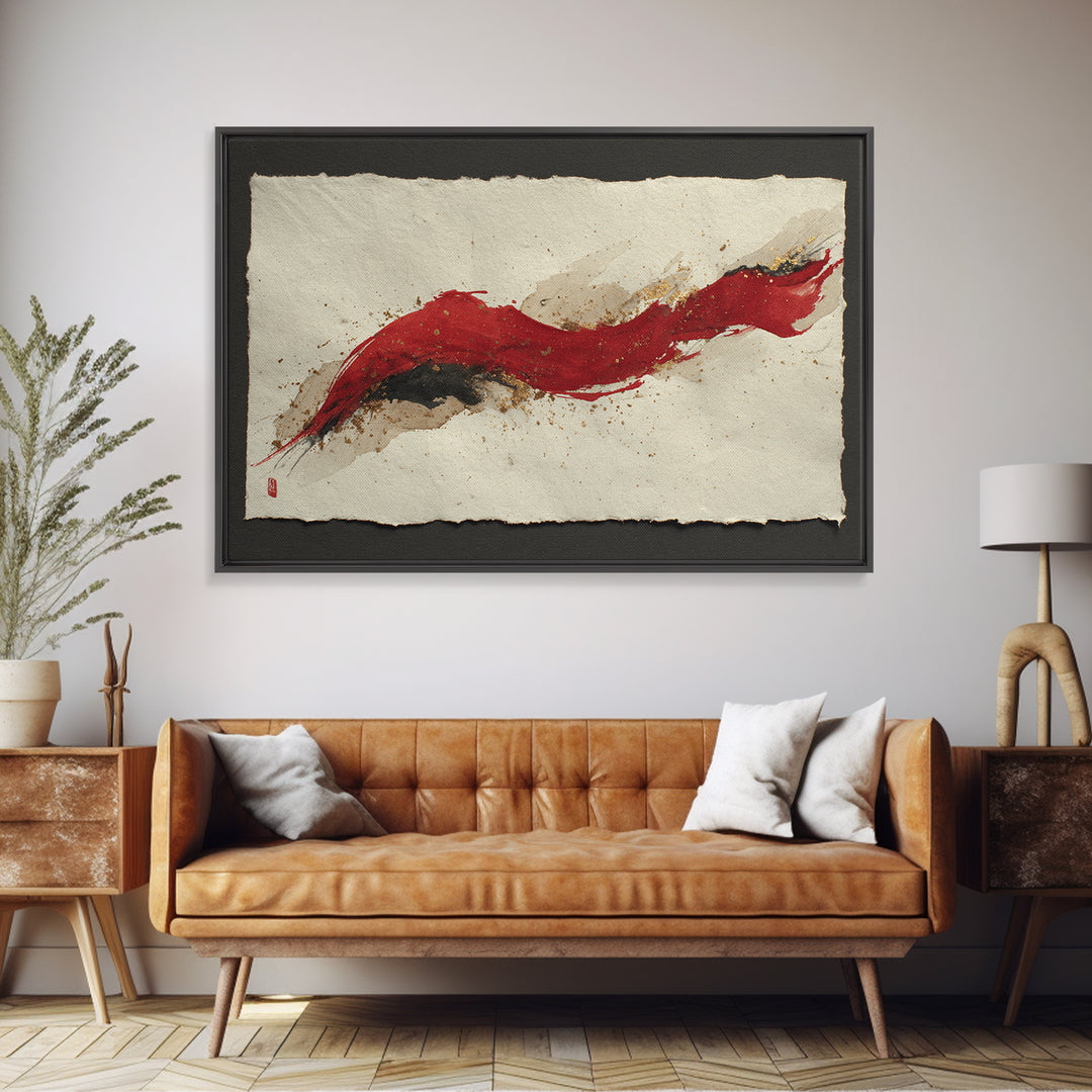 Bold Red Brushstroke Seal Abstraction Framed Canvas Print, Calligraphy Art, Japanese Art, Living Room Decor, Fine Art, Script, CAL-3x2-23