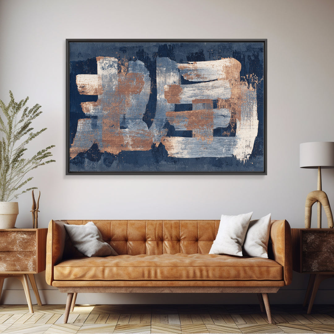 Layered Copper Ink Strokes on Dark Navy Canvas Print, Calligraphy Art, Living Room Wall Art, Living Room Decor, Script, CAL-3x2-34