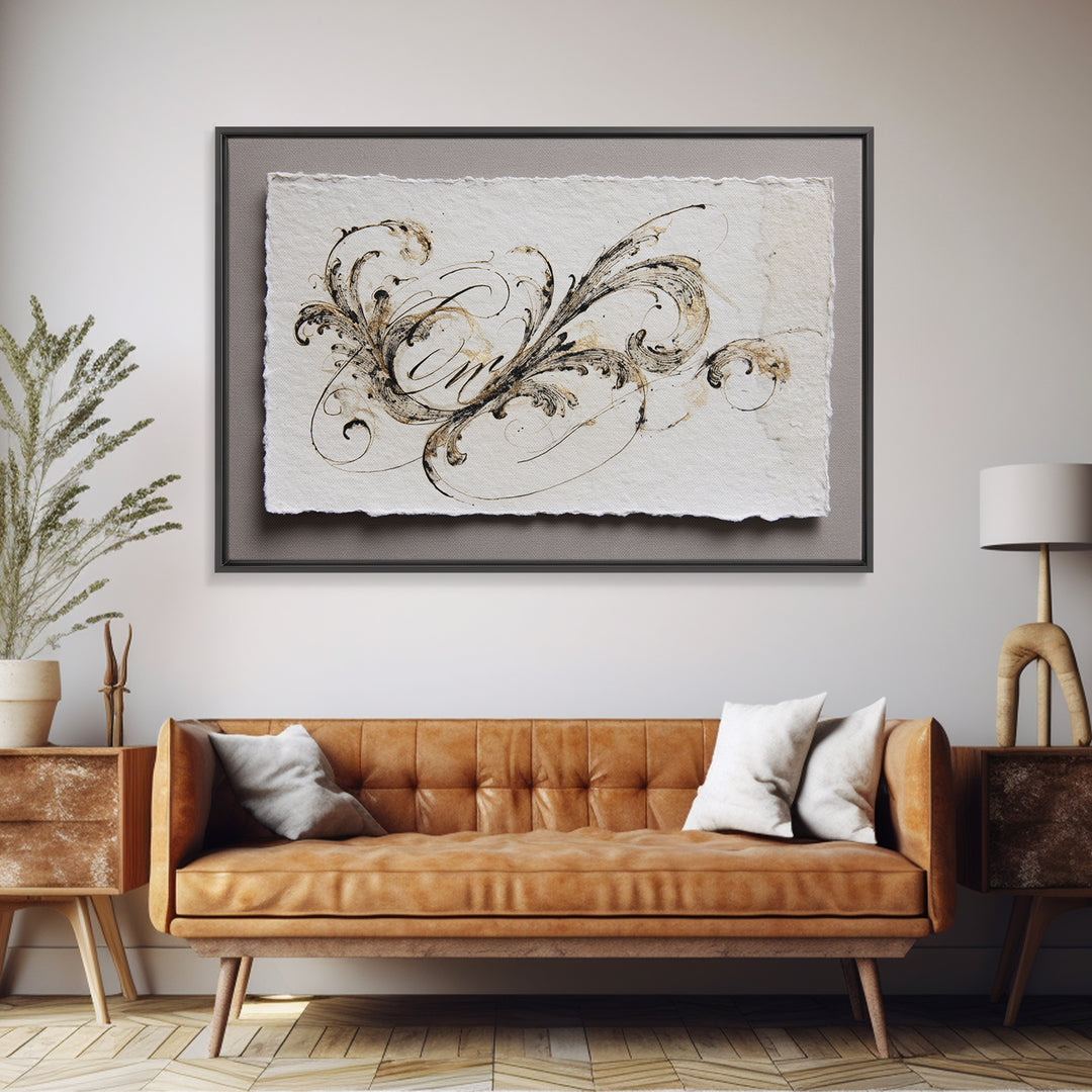 Baroque Scrollwork Made from Looping Pen Strokes Framed Canvas Print, Calligraphy Art, Custom Art, Living Room Decor, Script, CAL-3x2-40
