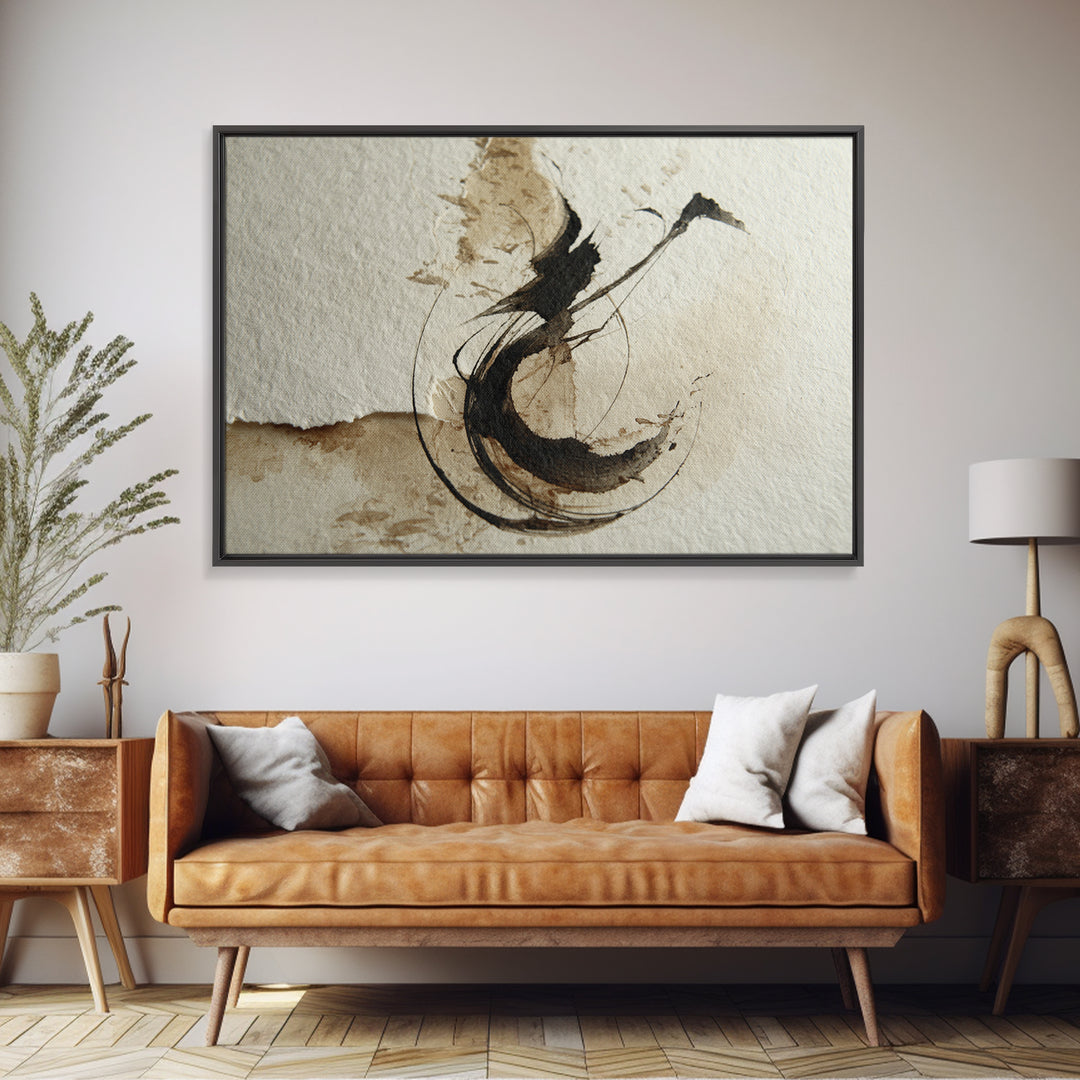 Large Sweeping Black Ink Gesture Like a Framed Canvas Print, Calligraphy Art, Custom Art, Living Room Decor, Fine Art, Script, CAL-3x2-5