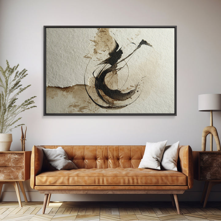 Large Sweeping Black Ink Gesture Like a Framed Canvas Print, Calligraphy Art, Custom Art, Living Room Decor, Fine Art, Script, CAL-3x2-5