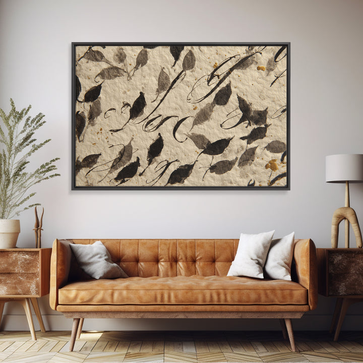 Botanical Calligraphy Pattern Framed Canvas Print, Calligraphy Art, Modern Wall Art, Living Room Decor, Fine Art, Script, CAL-3x2-50