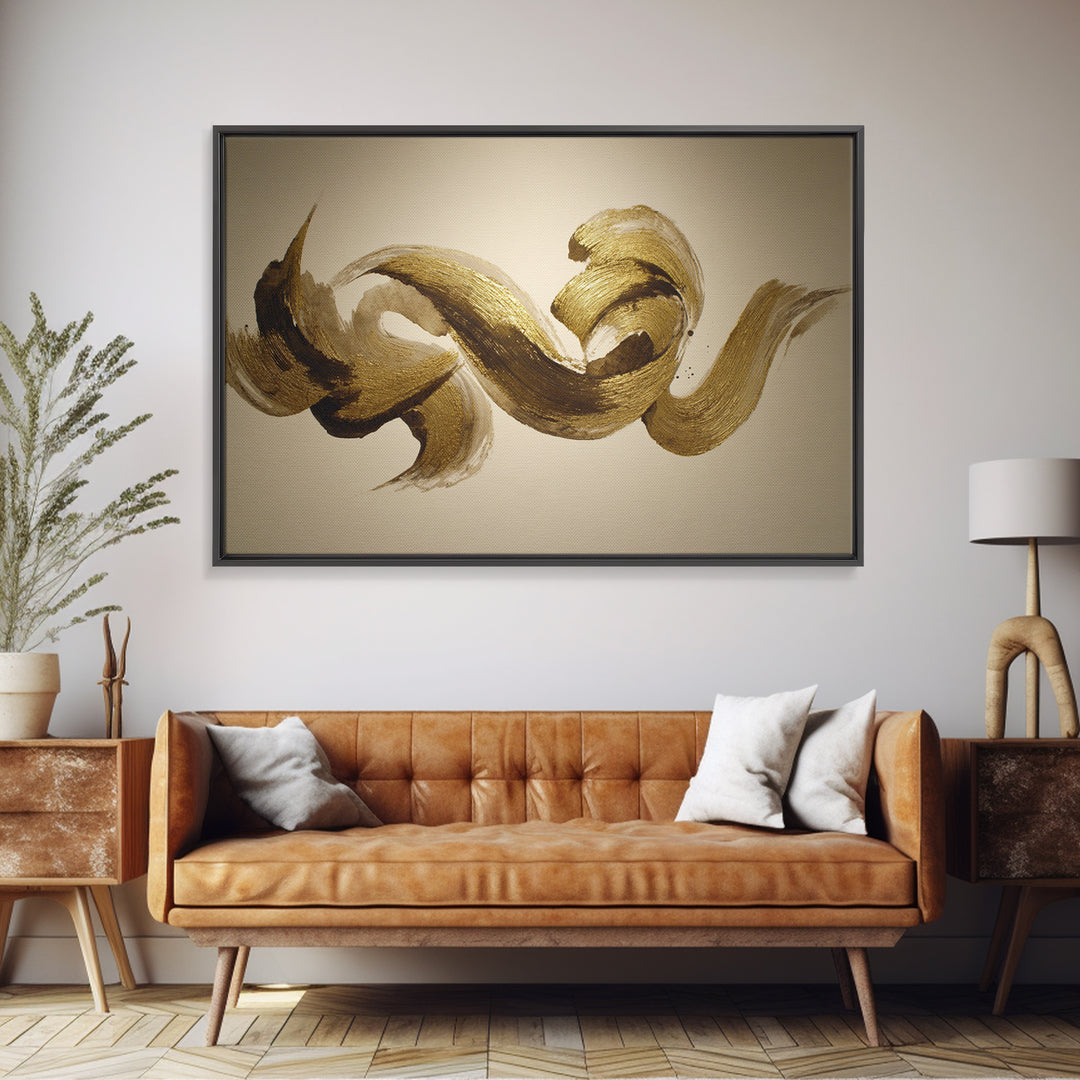 Abstract Gold Calligraphic Strokes on Ivory Paper Canvas Print, Calligraphy Art, Digital Print, Living Room Decor, Script, CAL-3x2-6