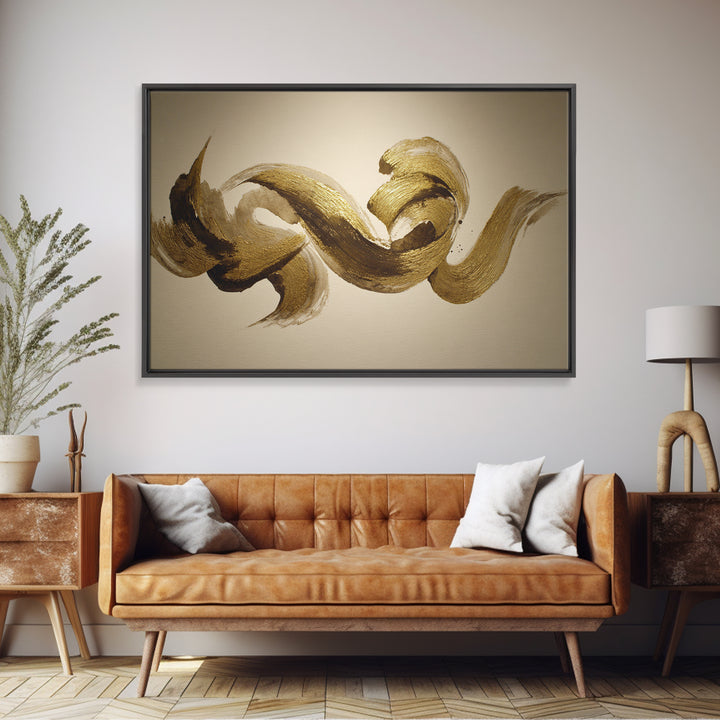 Abstract Gold Calligraphic Strokes on Ivory Paper Canvas Print, Calligraphy Art, Digital Print, Living Room Decor, Script, CAL-3x2-6