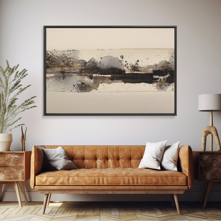 Ink Splatter and Long Brushstroke Composition Canvas Print, Calligraphy Art, Neutral Decor, Living Room Decor, Fine Art, Script, CAL-3x2-68