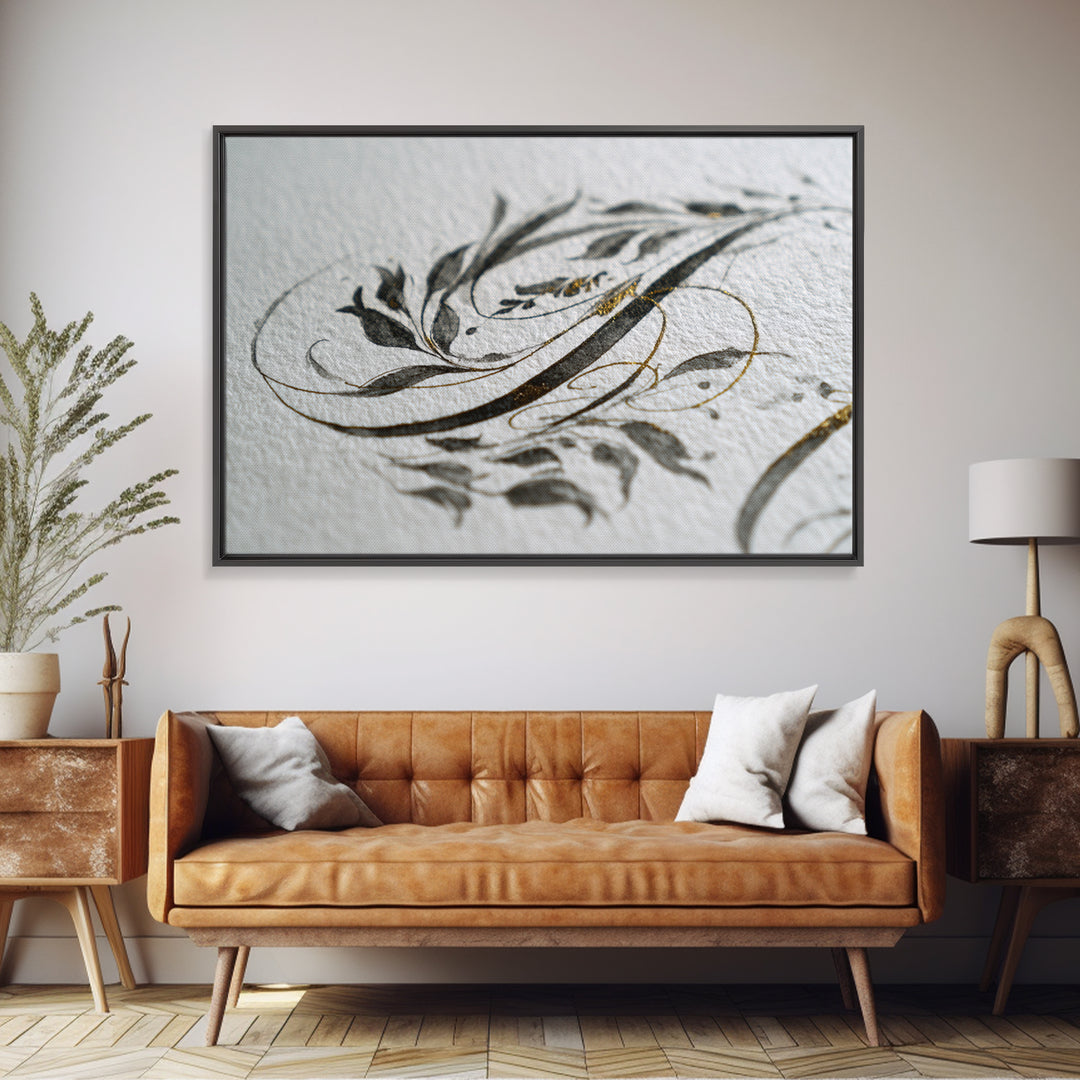 Botanical Calligraphy Pattern Framed Canvas Print, Calligraphy Art, Modern Wall Art, Living Room Decor, Fine Art, Script, CAL-3x2-74