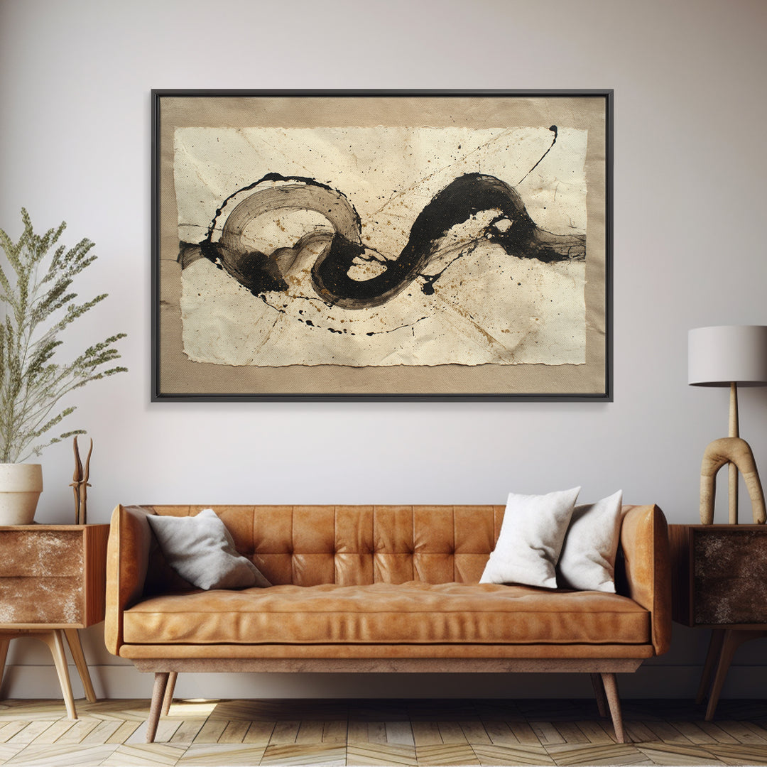 Large Sweeping Black Ink Gesture Like a Framed Canvas Print, Calligraphy Art, Gallery Decor, Living Room Decor, Script, CAL-3x2-77