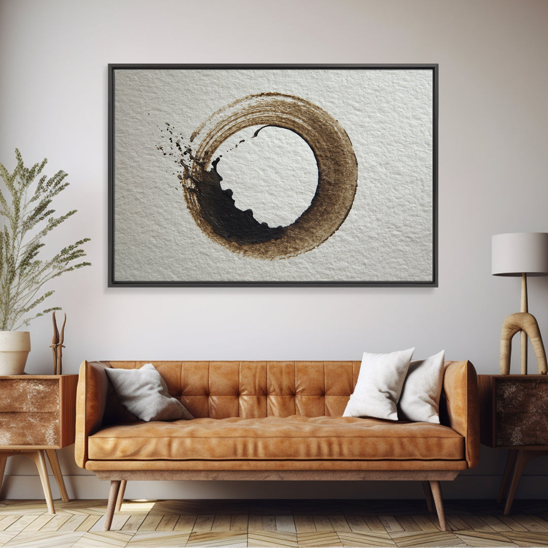 Japanese Brush Mark Circle Framed Canvas Print, Calligraphy Art, Statement Artwork, Living Room Decor, Fine Art, Script, CAL-3x2-80