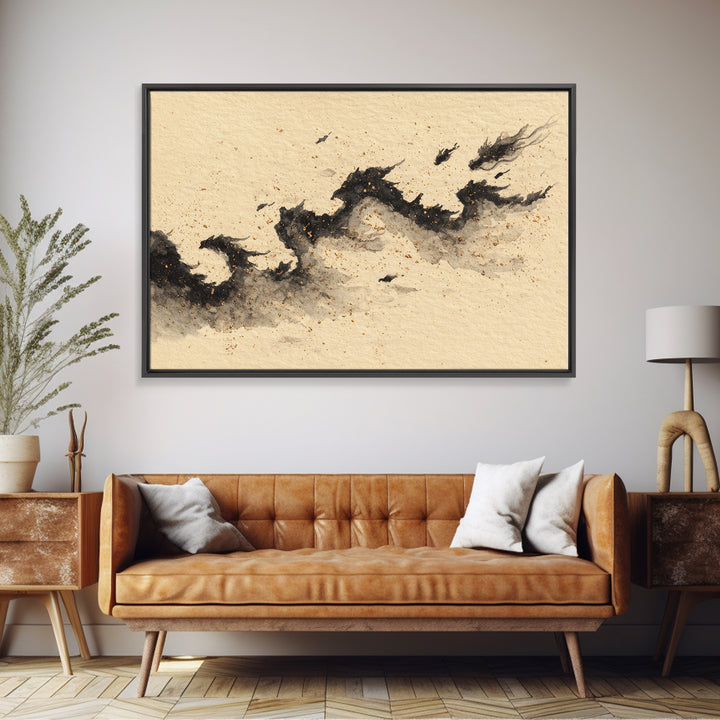 Ink Wash Dragon Curve Framed Canvas Print, Calligraphy Art, Gallery Wall Set, Living Room Decor, Fine Art, Script, CAL-3x2-85