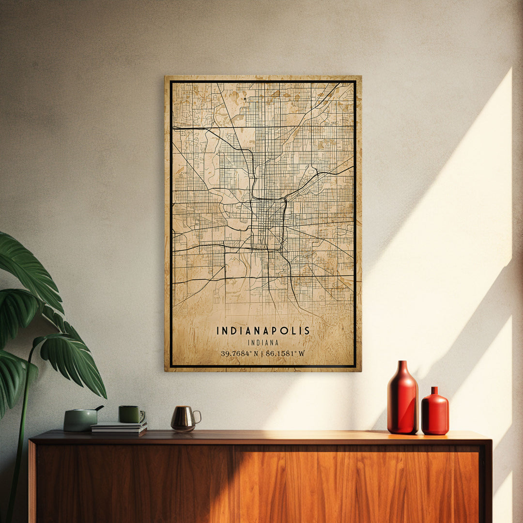 Old Indianapolis City Map Wall Art Canvas Print, Vintage Style Indianapolis Map, Framed Wall Art, Cool Indiana  Wall Art, Office Decor