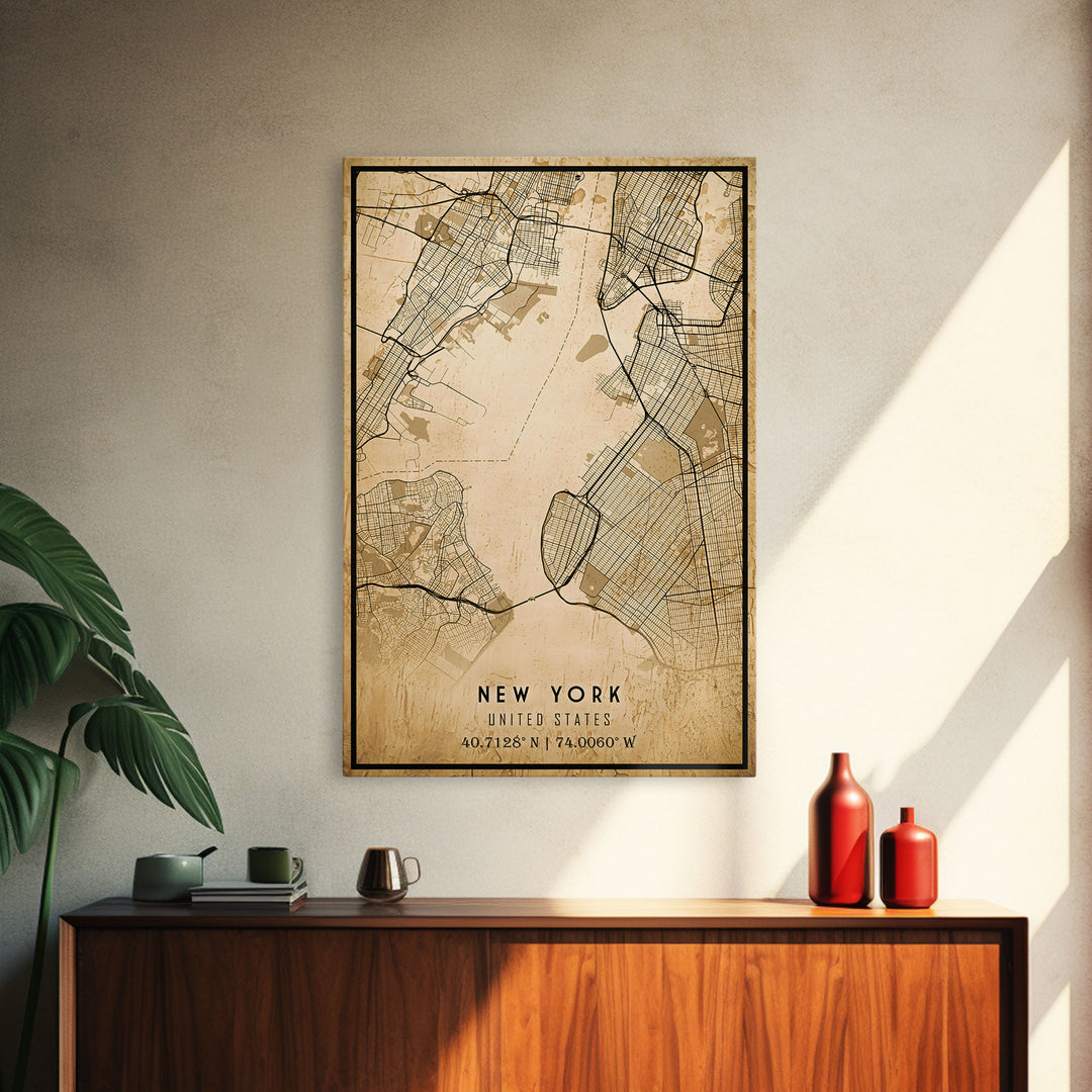 Old New York City Map Wall Art Canvas Print, Vintage Style New York City Map, Framed Wall Art, Cool NYC New York Wall Art, Office Decor