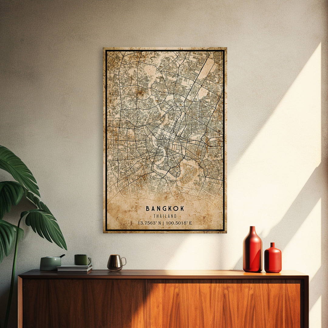 Old Bangkok City Map Wall Art Canvas Print, Vintage Style Bangkok Map, Framed Wall Art, Cool Bankok Thailand Wall Art, Office Decor