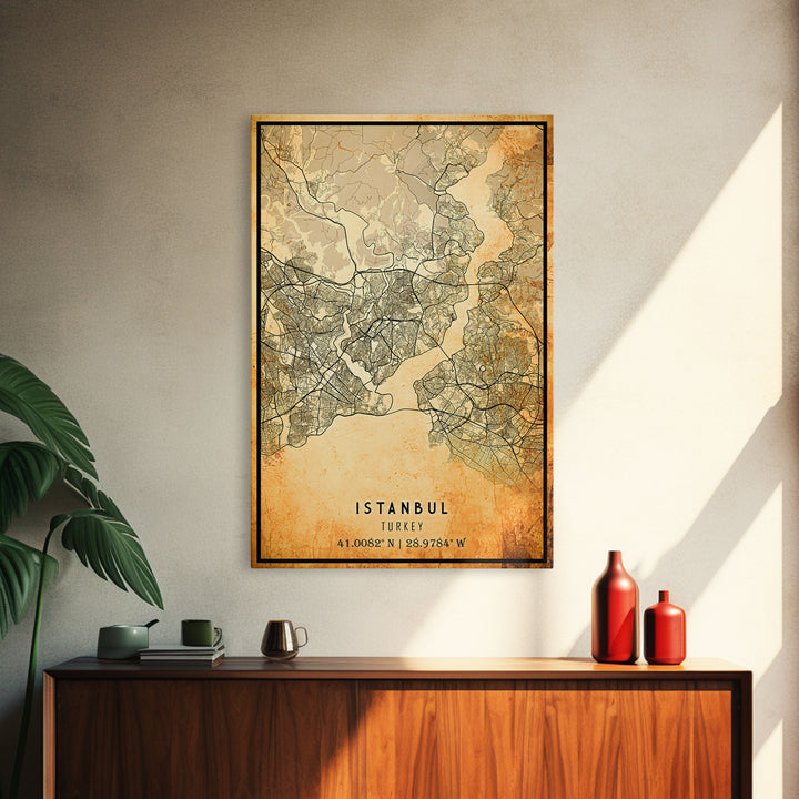 Vintage Istanbul City Map Wall Art Canvas Print, Distressed Istanbul Map, Framed Wall Art, Cool Istanbul Turkey Travel Wall Art, Office Art