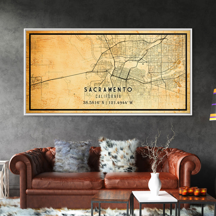 Vintage Sacramento map print poster or framed canvas | Sacramento city map print poster canvas | Sacramento, California print poster canvas