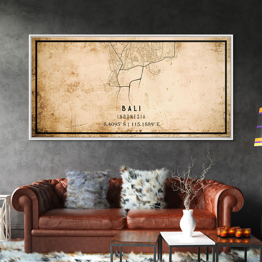 Vintage Bali Indonesia City Map Wall Art Canvas Print, Distressed Style Bali Map, Framed Wall Art, Cool Bali Travel Wall Art, Office Art