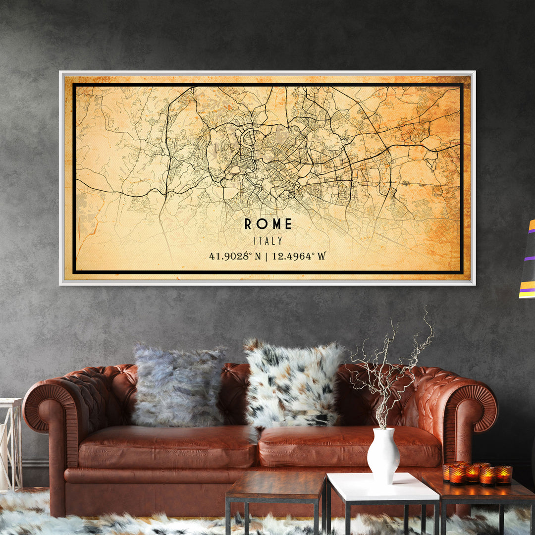 Old Rome Italy City Map Wall Art Canvas Print, Vintage Style Rome Italy Map, Framed Wall Art, Cool Rome Italy Wall Art, Office Decor
