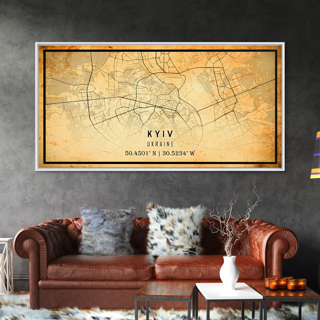 Old Kyiv Ukraine City Map Wall Art Canvas Print, Vintage Style Kyiv Map, Framed Wall Art, Cool Kyiv Ukraine Wall Art, Office Art