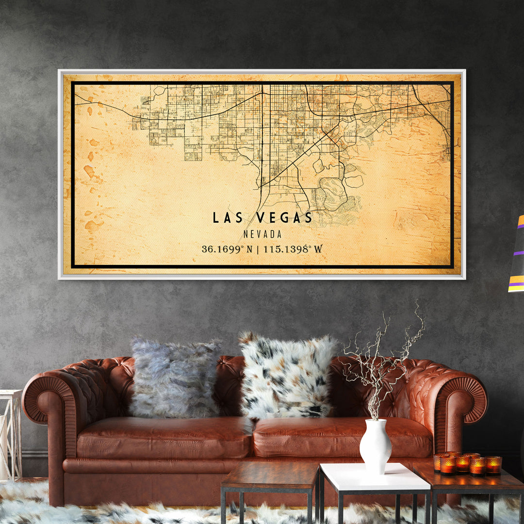 Old Las Vegas City Map Wall Art Canvas Print, Vintage Style Las Vegas Map, Framed Wall Art, Cool Las Vegas Nevada Wall Art, Office Decor