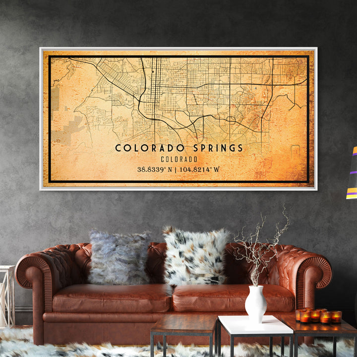 Vintage Style Colorado Springs Map Wall Art, Stretched Canvas or Poster, Office Decor, Colorado Wall Art, Distressed Map Decor