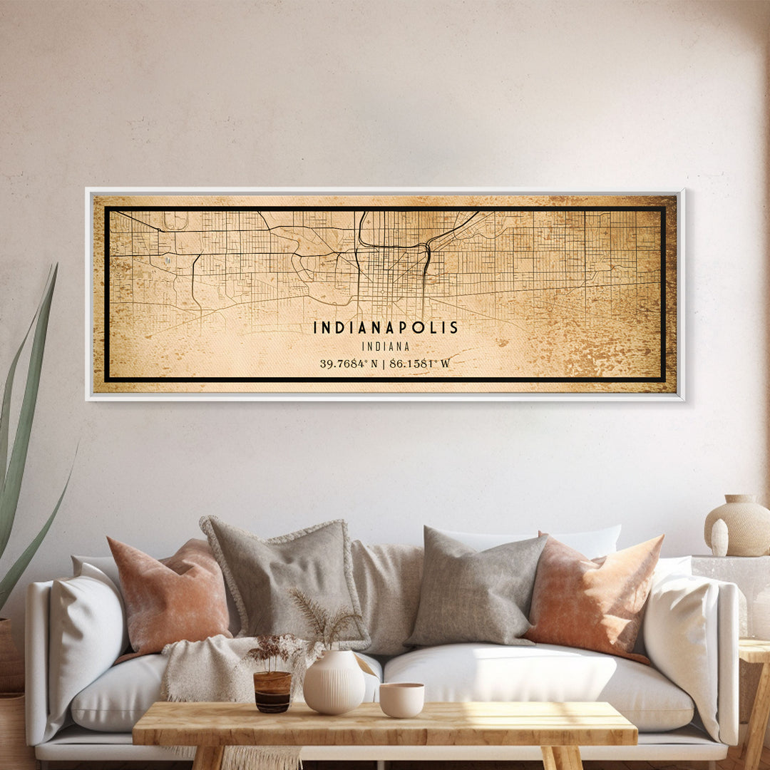 Panoramic Old Indianapolis City Map Wall Art Canvas Print, Vintage Style Map, Framed Wall Art, Cool Indiana  Wall Art, Office Decor