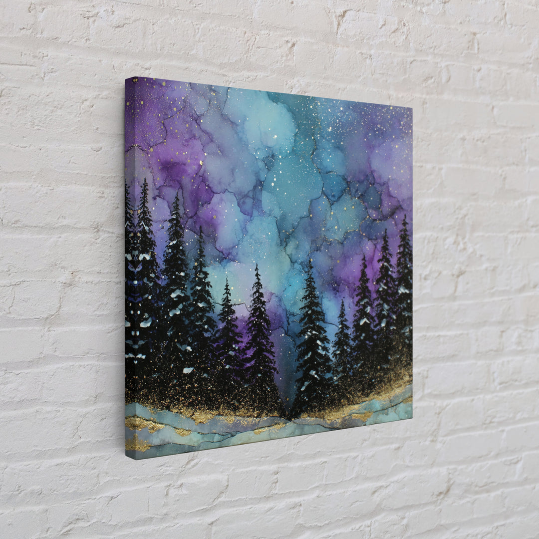 Aurora Borealis over Snowy Pines Framed Canvas Print, Celestial Art, Art Nouveau Decor, Living Room Decor, Fine Art, Celestial, CEL-1x1-41